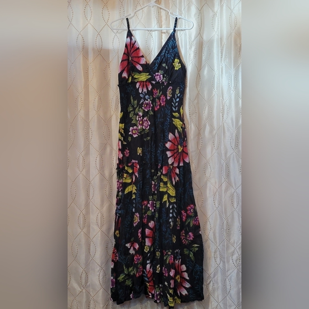 Uniti Casual Black Floral Spaghetti Strap Maxi Cotton Dress One Size Fits Most